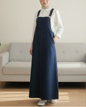 Cep Detaylı Askılı Kot Salopet -Koyu Mavi