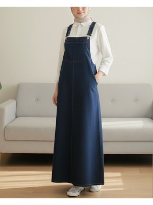 Cep Detaylı Askılı Kot Salopet -Koyu Mavi