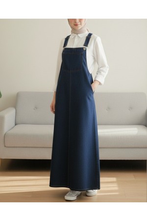 Cep Detaylı Askılı Kot Salopet -Koyu Mavi