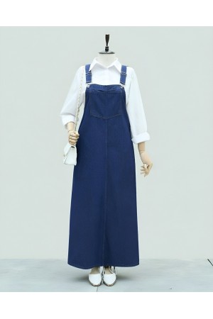 Cep Detaylı Askılı Kot Salopet -Koyu Mavi