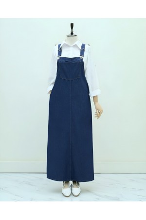 Cep Detaylı Askılı Kot Salopet -Koyu Mavi