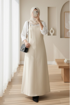 Askılı Gabardin Jile Elbise -Bej