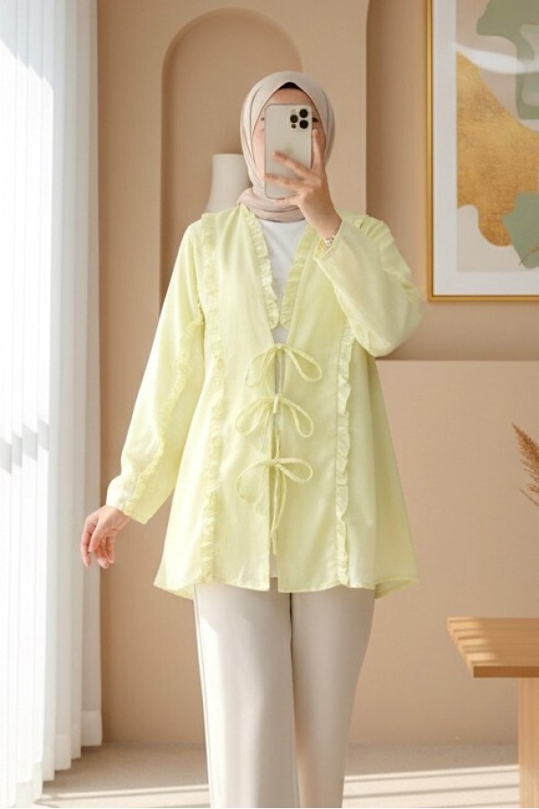 Önü Ve Kolu Fırfırlı Bağlamalı Keten Görünümlü Kimono -Açık Sarı