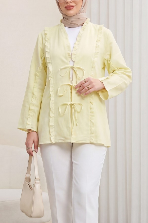 Önü Ve Kolu Fırfırlı Bağlamalı Keten Görünümlü Kimono -Açık Sarı