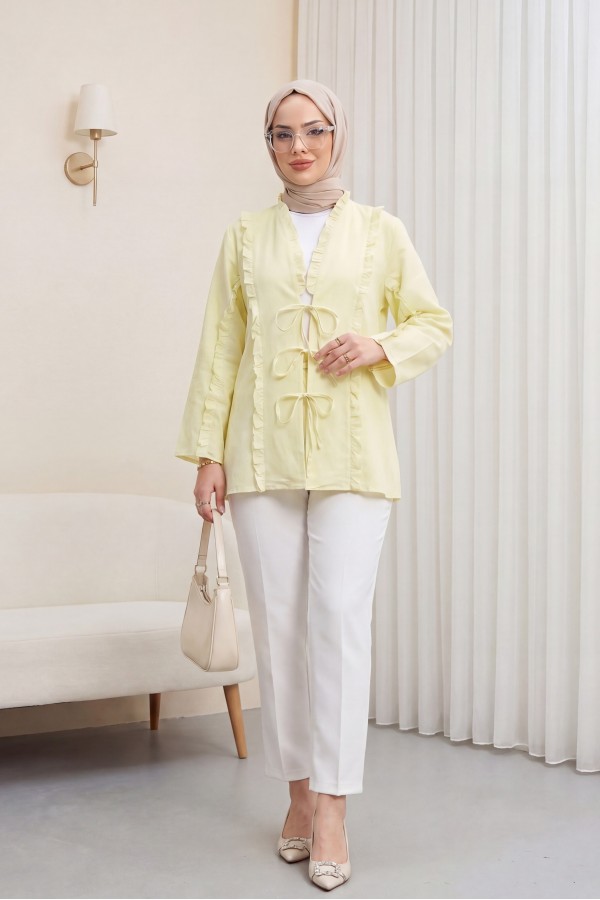 Önü Ve Kolu Fırfırlı Bağlamalı Keten Görünümlü Kimono -Açık Sarı
