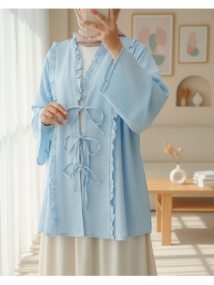Önü Ve Kolu Fırfırlı Bağlamalı Keten Gömlek -Bebe Mavi