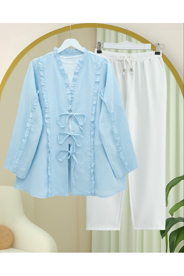 Önü Ve Kolu Fırfırlı Bağlamalı Keten Görünümlü Kimono -Bebe Mavi