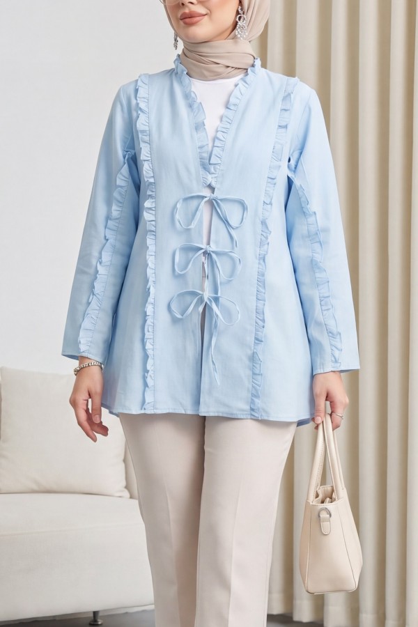 Önü Ve Kolu Fırfırlı Bağlamalı Keten Görünümlü Kimono -Bebe Mavi