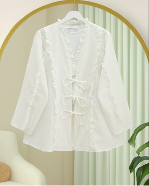 Önü Ve Kolu Fırfırlı Bağlamalı Keten Gömlek -Beyaz