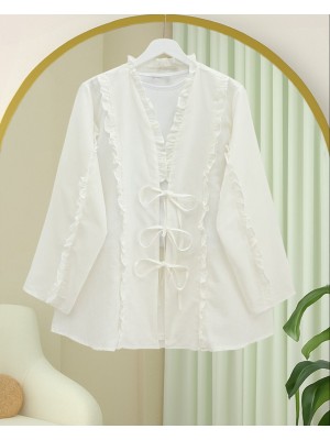 Önü Ve Kolu Fırfırlı Bağlamalı Keten Gömlek -Beyaz