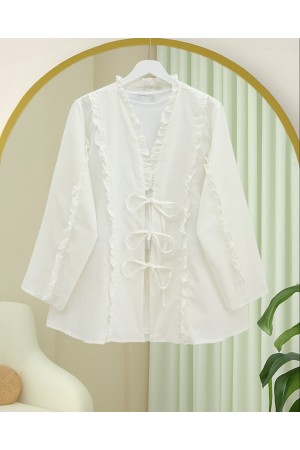 Linen Shirt with Ruffled Front and Sleeves -White