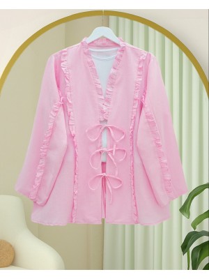 Önü Ve Kolu Fırfırlı Bağlamalı Keten Gömlek -Pembe