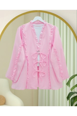 Linen Shirt with Ruffled Front and Sleeves -Pink