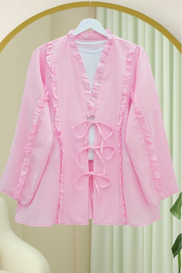 Önü Ve Kolu Fırfırlı Bağlamalı Keten Görünümlü Kimono -Pembe