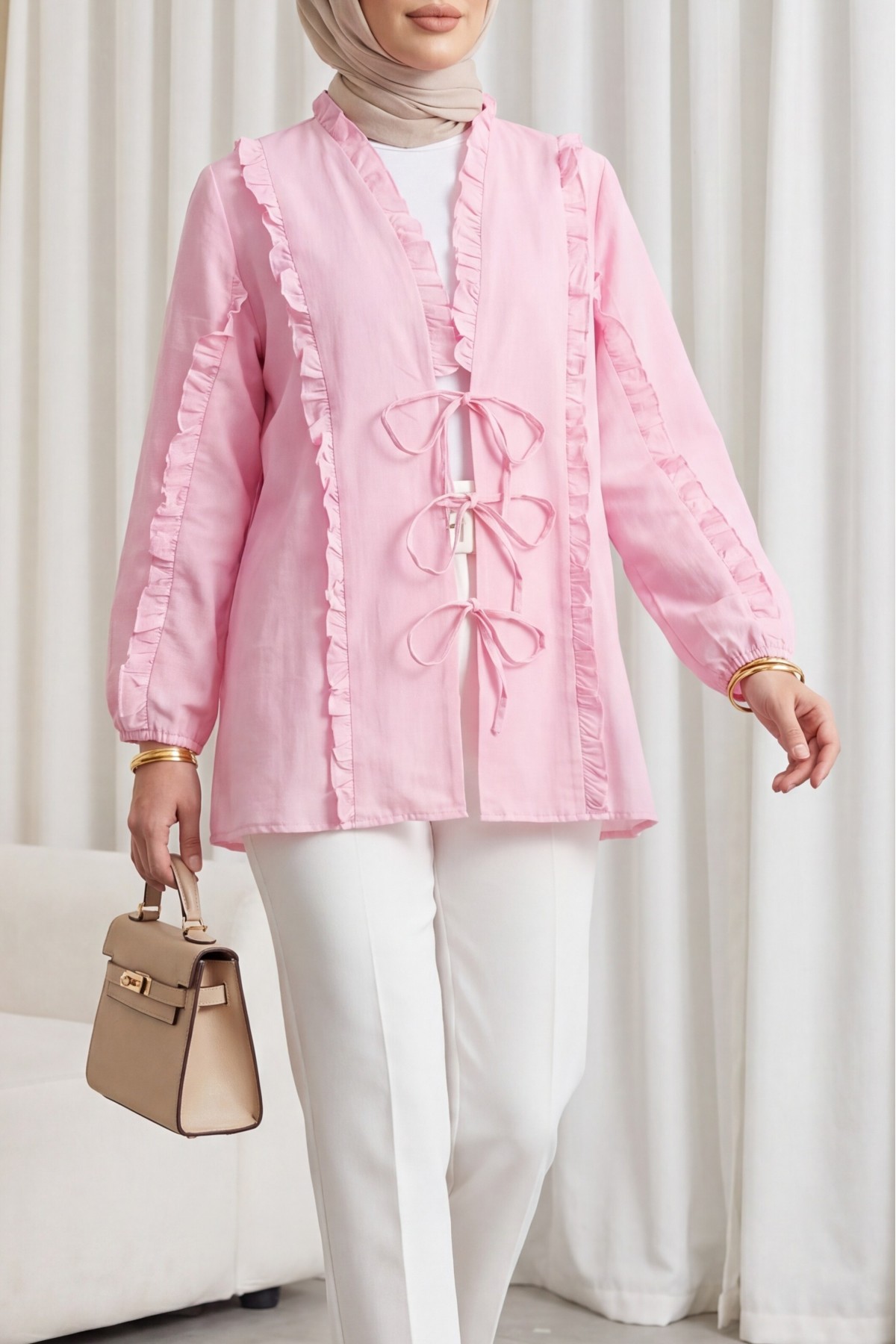 Linen-Look Kimono with Ruffled Front and Sleeves and Tie-Front Detail -Pink