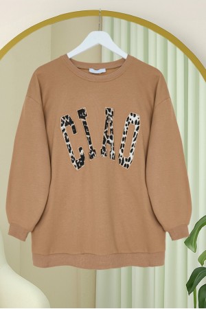 Yuvarlak Yaka Önü Nakışlı Sweat -Vizon