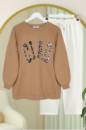 Yuvarlak Yaka Önü Nakışlı Sweat -Vizon