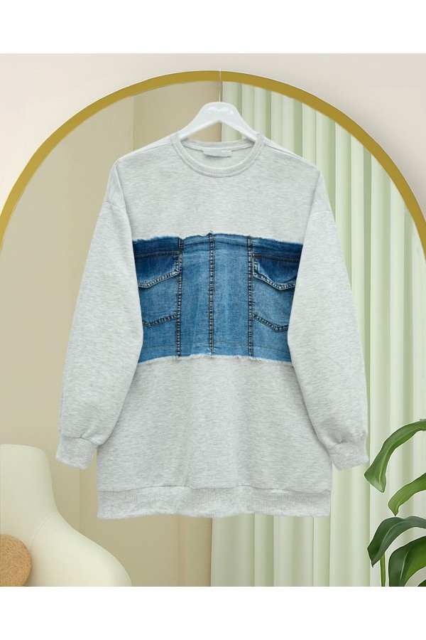 Round  Neck Front Denim Pocket Detailed Sweater - Light grey