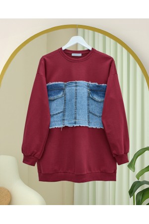 سويت شيرت جينز برقبة دائرية وجيب أمامي  مفصل -بوردو