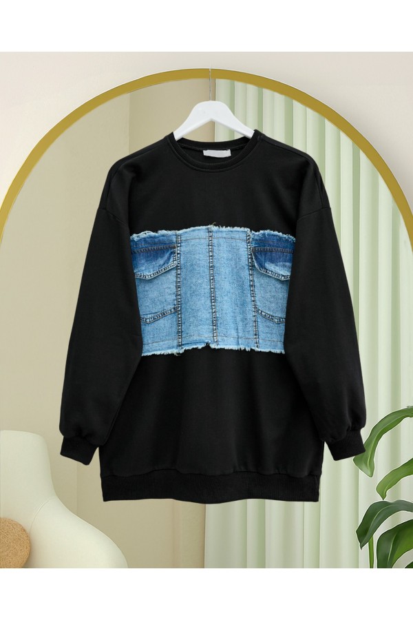 Round  Neck Front Denim Pocket Detailed Sweater -Black