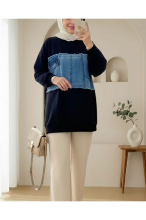 سويت شيرت جينز برقبة دائرية وجيب أمامي  مفصل -أسود