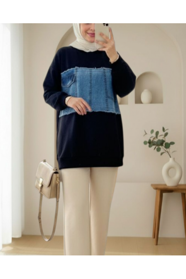 Round  Neck Front Denim Pocket Detailed Sweater -Black