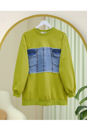 سويت شيرت جينز برقبة دائرية وجيب أمامي  مفصل -زيت أخضر