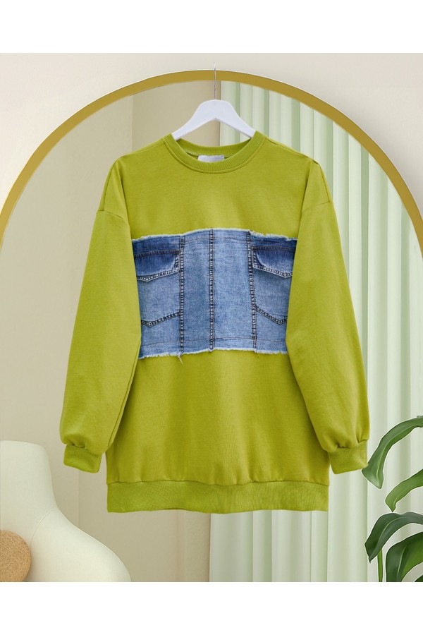 Round  Neck Front Denim Pocket Detailed Sweater -Oil Green