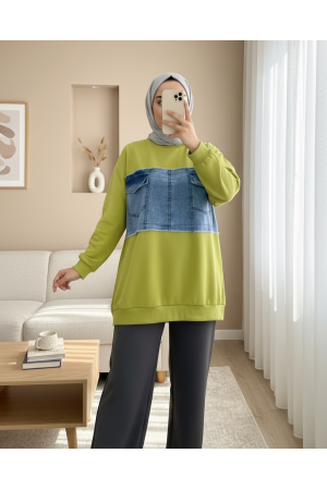 سويت شيرت جينز برقبة دائرية وجيب أمامي  مفصل -زيت أخضر