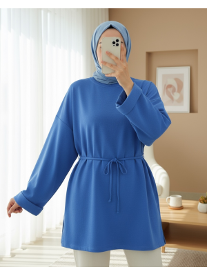 Round  Neck Front Piping Rope Detailed Folded Sleeves Slit Sweater -Saxe 