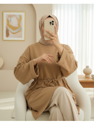 Round  Neck Front Piping Rope Detailed Folded Sleeves Slit Sweater -Mink color