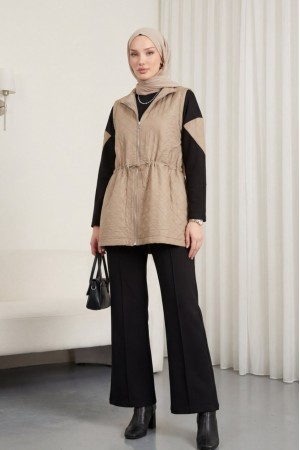 Kapitone Yelekli Çimalı Pantolonlu Üçlü Penye Takım  -Vizon