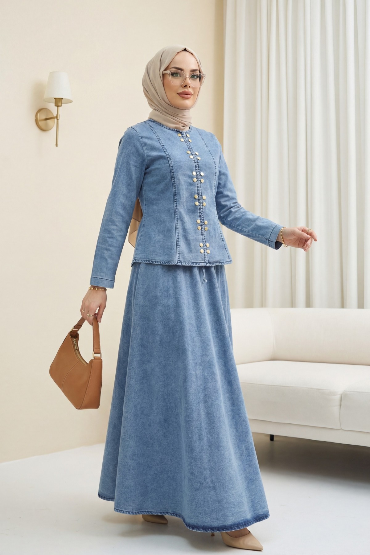 Denim Suit with Snap Button Front and Lace-Up Skirt Detail -Ice Blue
