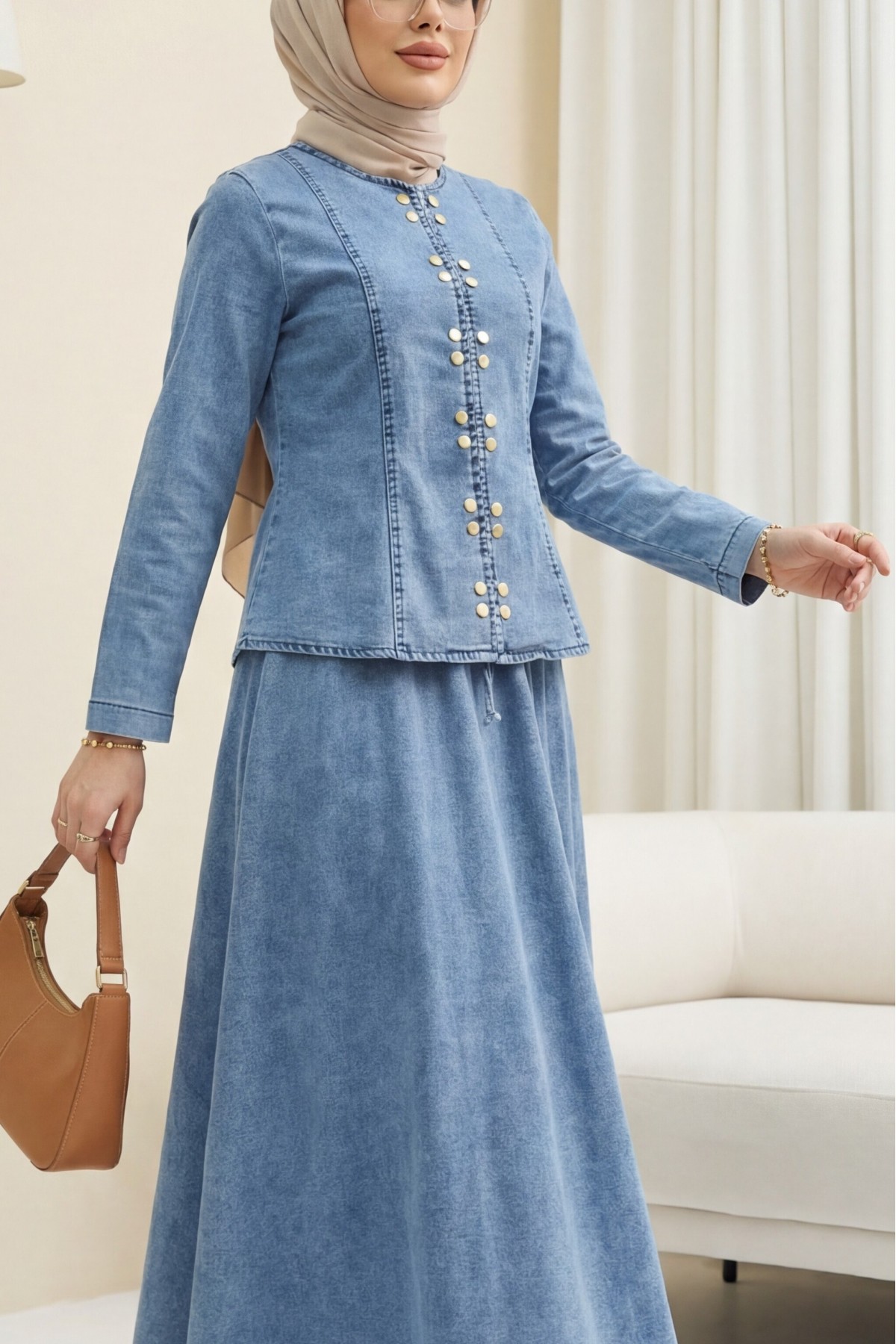 Denim Suit with Snap Button Front and Lace-Up Skirt Detail -Ice Blue