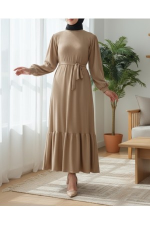 Skirt Part Corduroy Belted Dress -Mink color