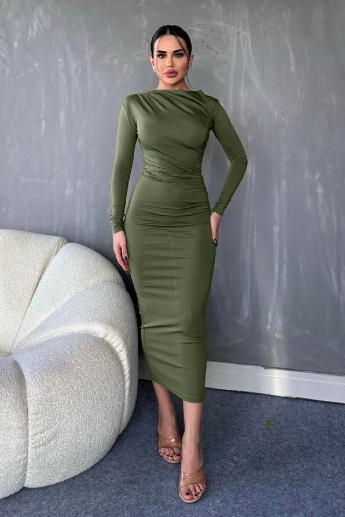 Side Gathered Long Dress -Khaki