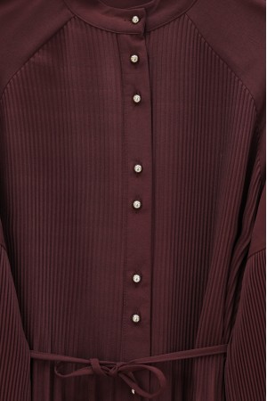 Piliseli Hakim Yaka Düğmeli Krep Takım -Bordo