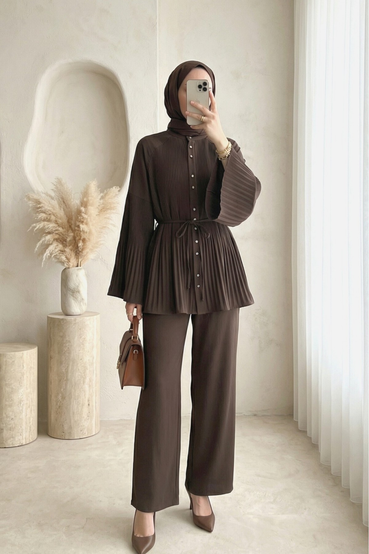 Pleated Mandarin Collar Buttoned Crepe Set -Dark Coffee