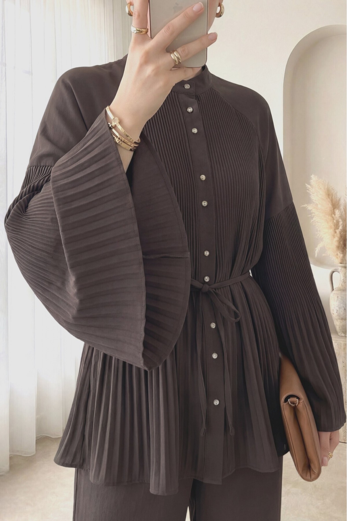 Pleated Mandarin Collar Buttoned Crepe Set -Dark Coffee