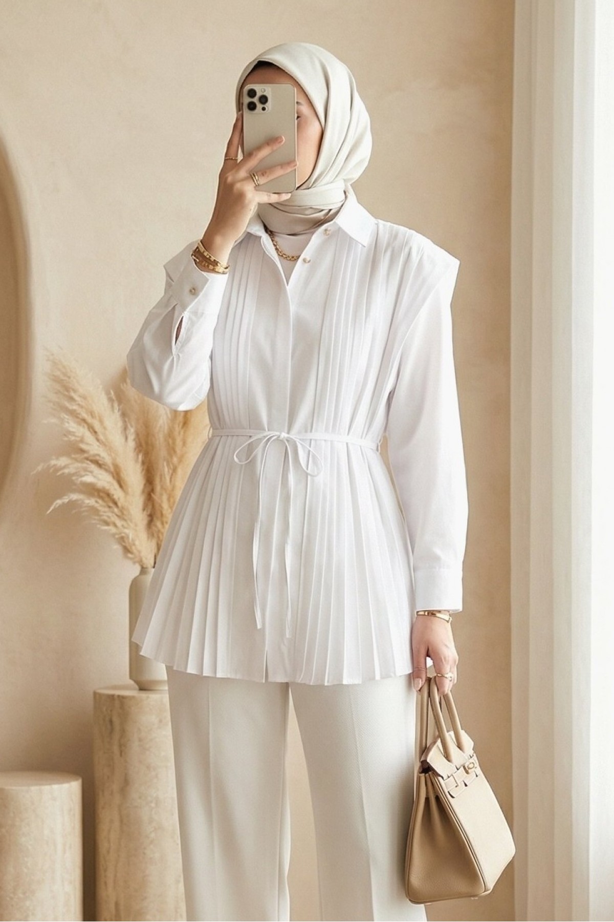 Poplin Shirt with Pleated Detail on Front and Back and Hidden Buttons -White