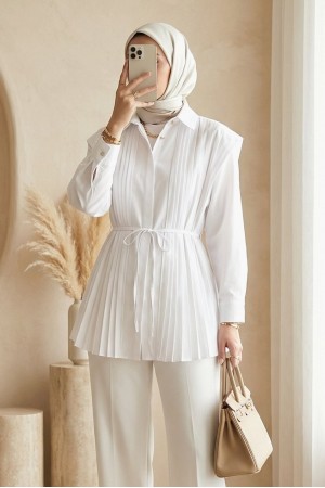 Önü ve Sırtı Pilise Detaylı Gizli Düğmeli Tasarım Gömlek -Beyaz