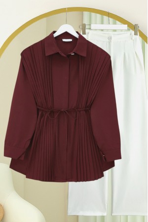 Önü ve Sırtı Pilise Detaylı Gizli Düğmeli Tasarım Gömlek -Bordo