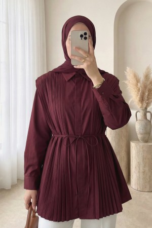 Önü ve Sırtı Pilise Detaylı Gizli Düğmeli Tasarım Gömlek -Bordo