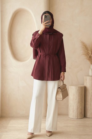 Önü ve Sırtı Pilise Detaylı Gizli Düğmeli Tasarım Gömlek -Bordo