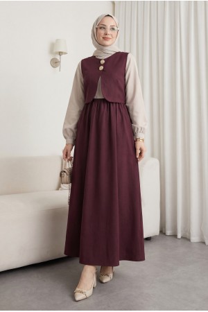 Beli Lastikli Yarım Düğmeli Zra Cupra Yelek Elbise Takım -K. Bordo