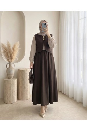 Beli Lastikli Yarım Düğmeli Zra Cupra Yelek Elbise Takım -Kahve