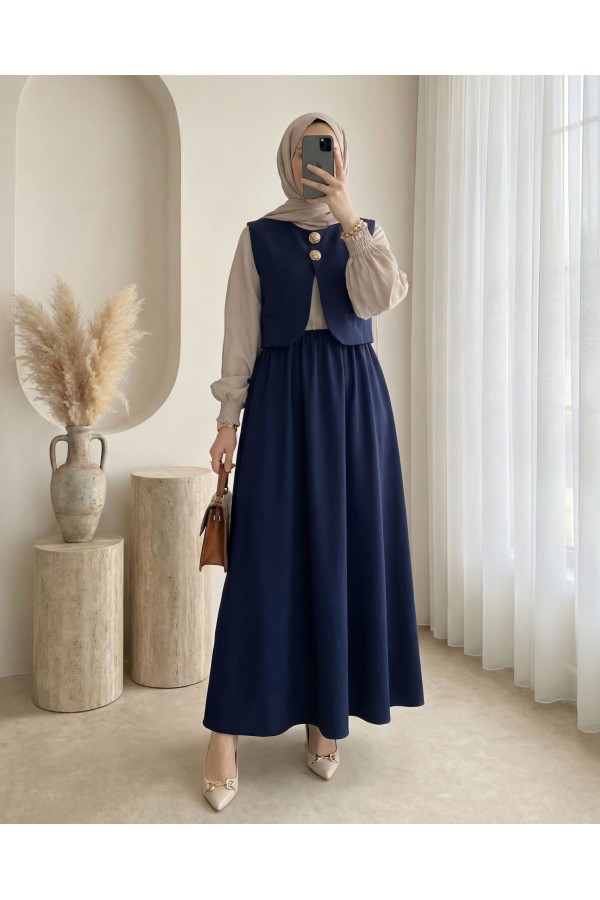 Zra Cupra Vest Dress Set with Elastic Waist and Half Button Closure -Navy blue