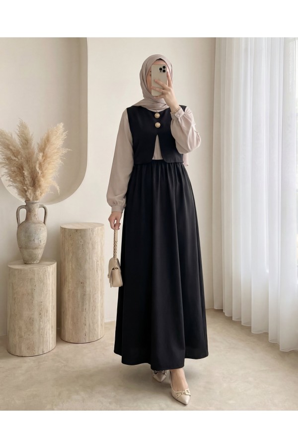 Zra Cupra Vest Dress Set with Elastic Waist and Half Button Closure -Black