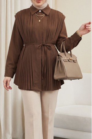 Önü ve Sırtı Pilise Detaylı Gizli Düğmeli Tasarım Gömlek  -Kahve