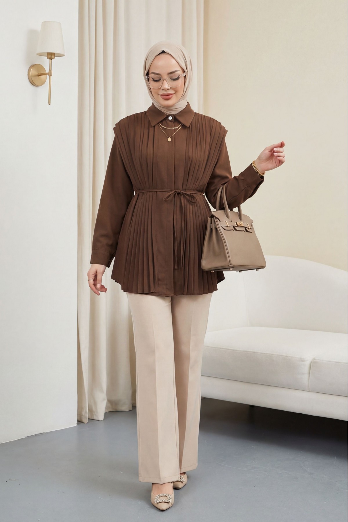 Poplin Shirt with Pleated Detail on Front and Back and Hidden Buttons  -Brown